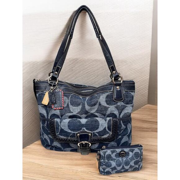 Coach 18993 Poppy Denim Signature Optic Tote Bag & Matching Wristlet - Picture 1 of 16